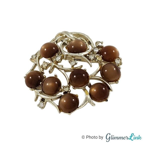 Vintage Coro Brown Lucite Moonstone Cabochons Rhinestones Gold Tone Brooch - Picture 3 of 9